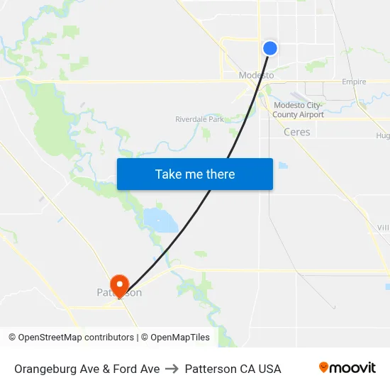 Orangeburg Ave & Ford Ave to Patterson CA USA map