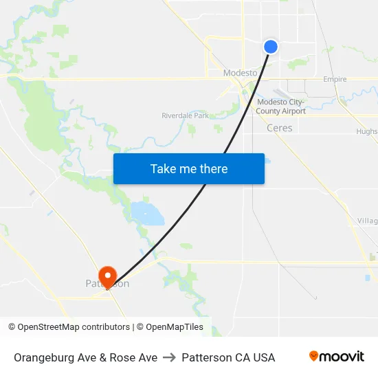 Orangeburg Ave & Rose Ave to Patterson CA USA map