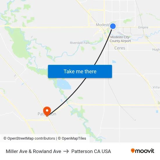 Miller Ave & Rowland Ave to Patterson CA USA map