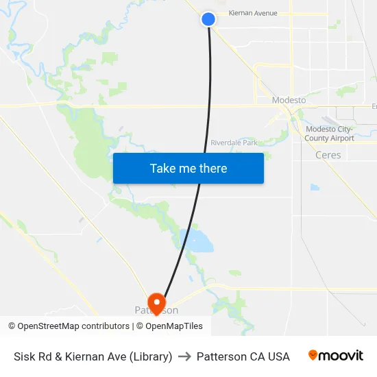 Sisk Rd & Kiernan Ave (Library) to Patterson CA USA map