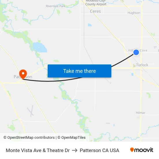 Monte Vista Ave & Theatre Dr to Patterson CA USA map
