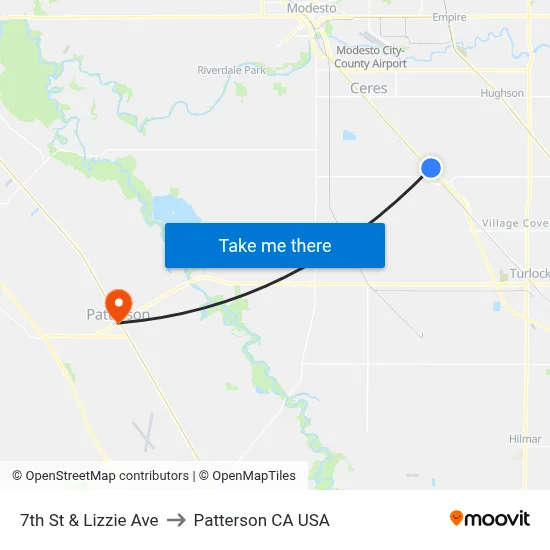 7th St & Lizzie Ave to Patterson CA USA map