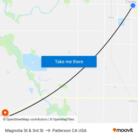 Magnolia St & 3rd St to Patterson CA USA map