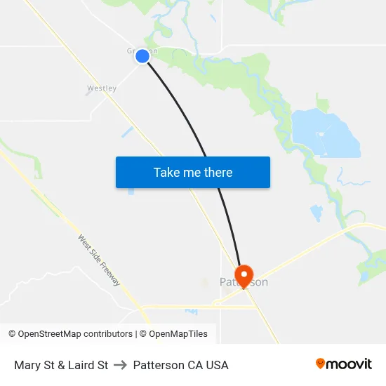 Mary St & Laird St to Patterson CA USA map