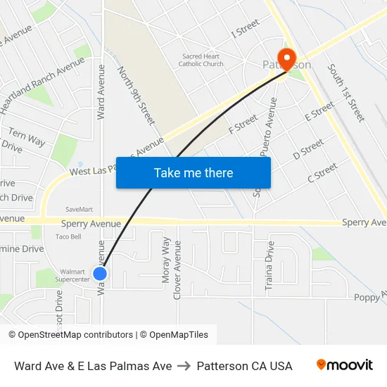 Ward Ave & E Las Palmas Ave to Patterson CA USA map
