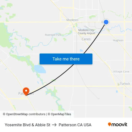 Yosemite Blvd & Abbie St to Patterson CA USA map