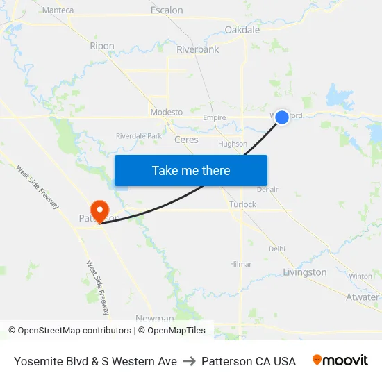 Yosemite Blvd & S Western Ave to Patterson CA USA map