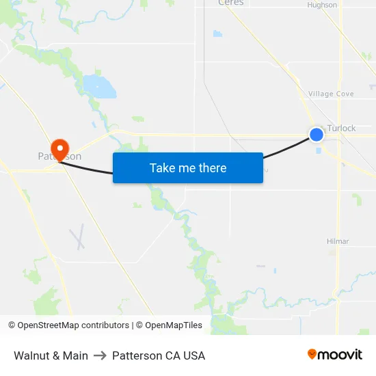 Walnut & Main to Patterson CA USA map