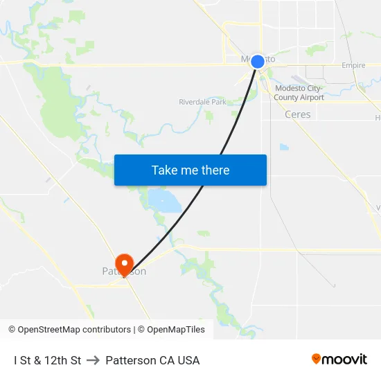 I St & 12th St to Patterson CA USA map