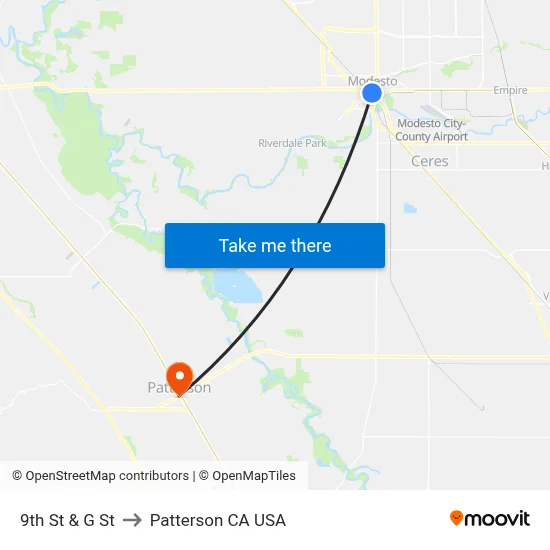 9th St & G St to Patterson CA USA map