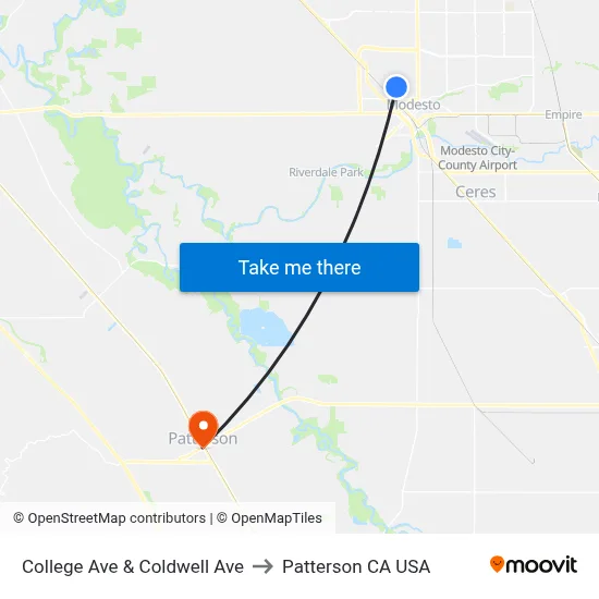 College Ave & Coldwell Ave to Patterson CA USA map