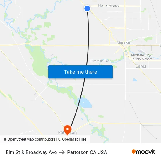 Elm St & Broadway Ave to Patterson CA USA map