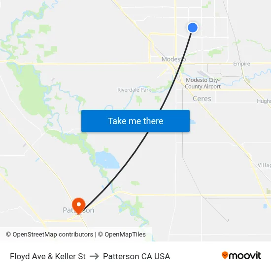 Floyd Ave & Keller St to Patterson CA USA map