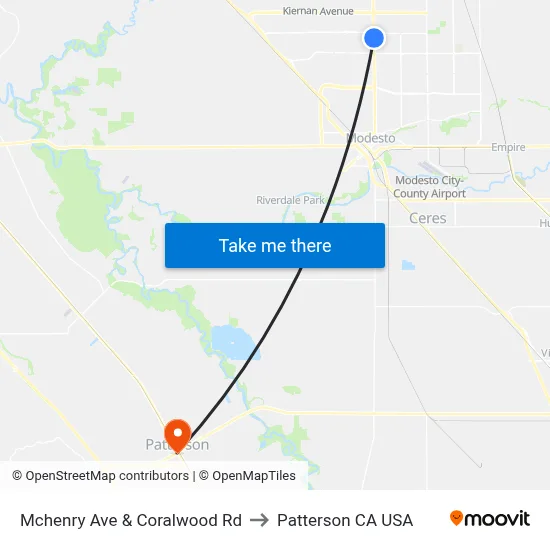 Mchenry Ave & Coralwood Rd to Patterson CA USA map