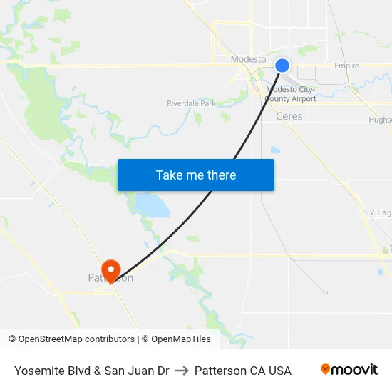 Yosemite Blvd & San Juan Dr to Patterson CA USA map