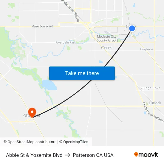 Abbie St & Yosemite Blvd to Patterson CA USA map