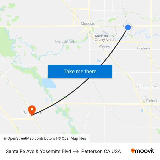 Santa Fe Ave & Yosemite Blvd to Patterson CA USA map