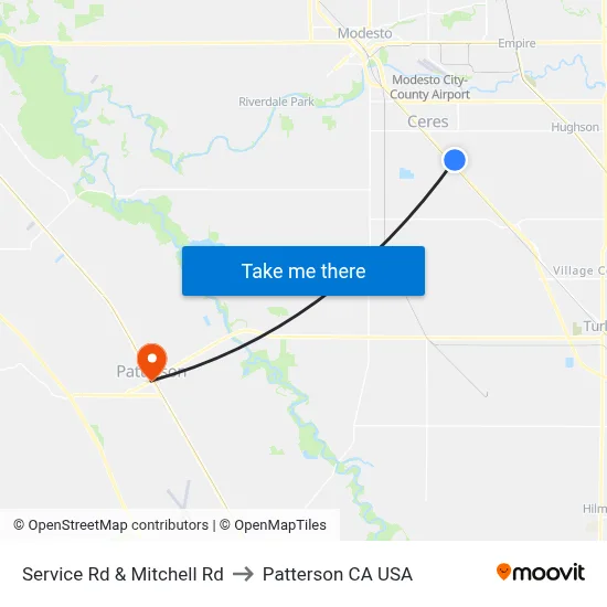 Service Rd & Mitchell Rd to Patterson CA USA map
