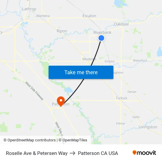 Roselle Ave & Petersen Way to Patterson CA USA map