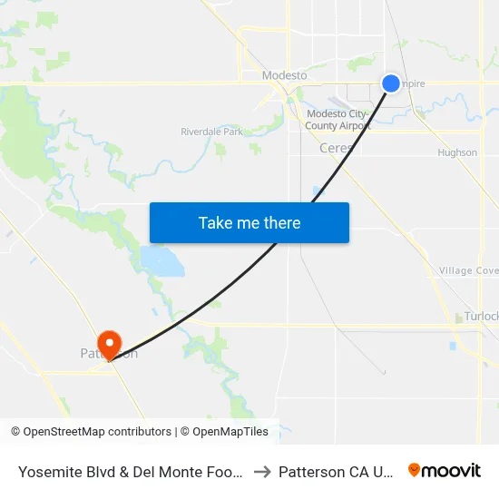 Yosemite Blvd & Del Monte Foods to Patterson CA USA map
