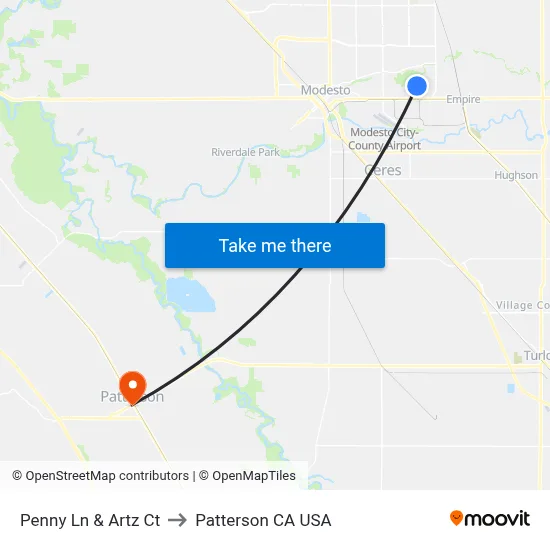 Penny Ln & Artz Ct to Patterson CA USA map