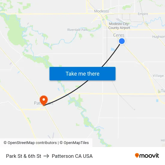 Park St & 6th St to Patterson CA USA map