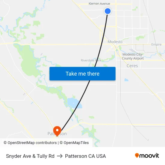 Snyder Ave & Tully Rd to Patterson CA USA map