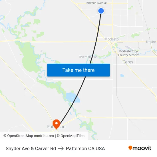 Snyder Ave & Carver Rd to Patterson CA USA map