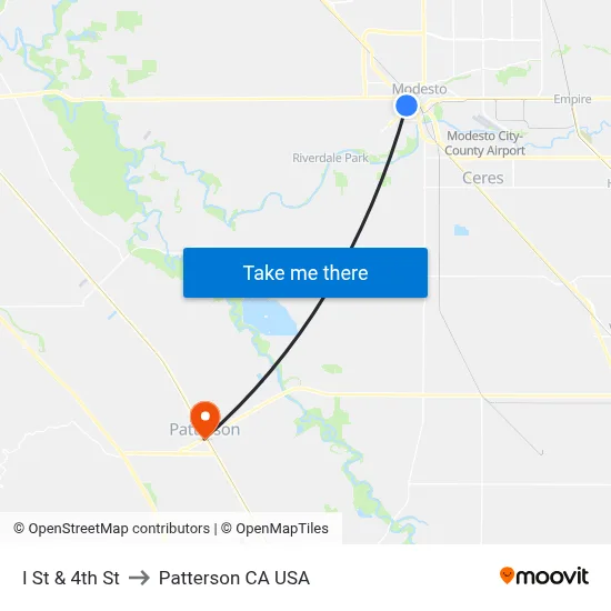 I St & 4th St to Patterson CA USA map