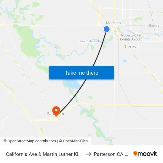 California Ave & Martin Luther King Dr to Patterson CA USA map