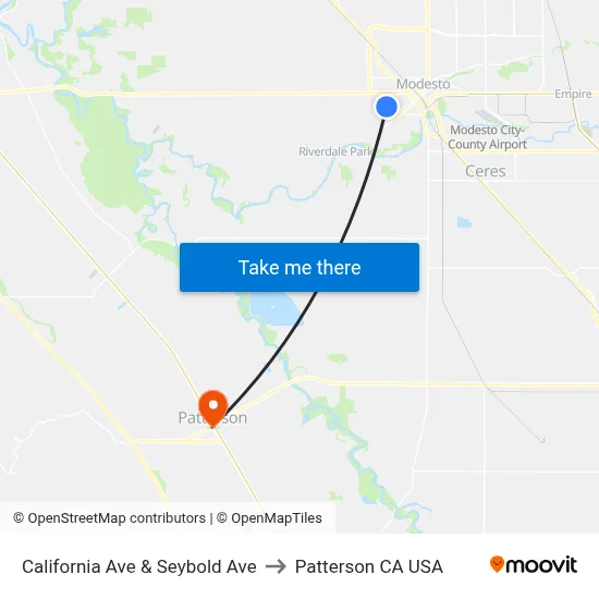 California Ave & Seybold Ave to Patterson CA USA map