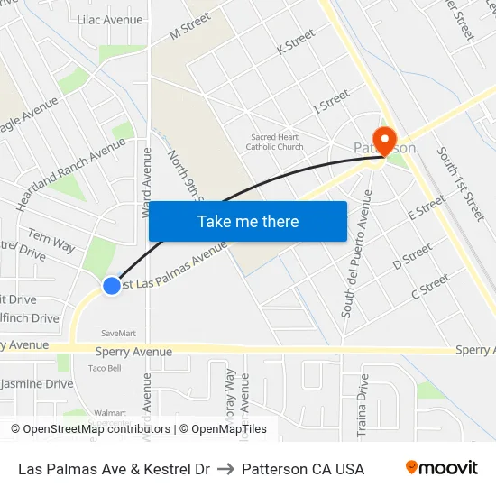 Las Palmas Ave & Kestrel Dr to Patterson CA USA map