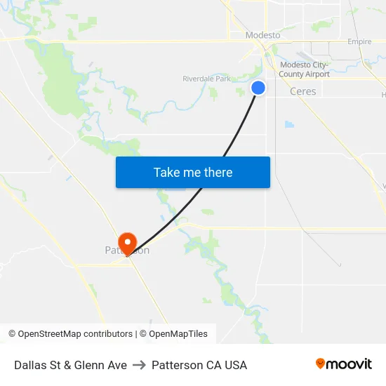 Dallas St & Glenn Ave to Patterson CA USA map