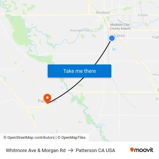 Whitmore Ave & Morgan Rd to Patterson CA USA map