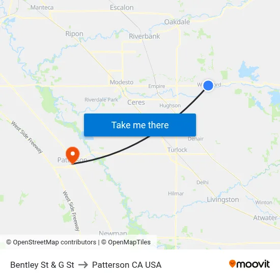 Bentley St & G St to Patterson CA USA map