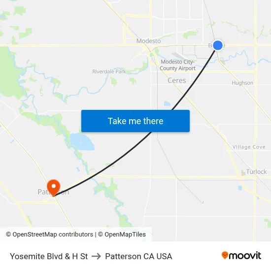 Yosemite Blvd & H St to Patterson CA USA map