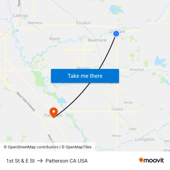 1st St & E St to Patterson CA USA map