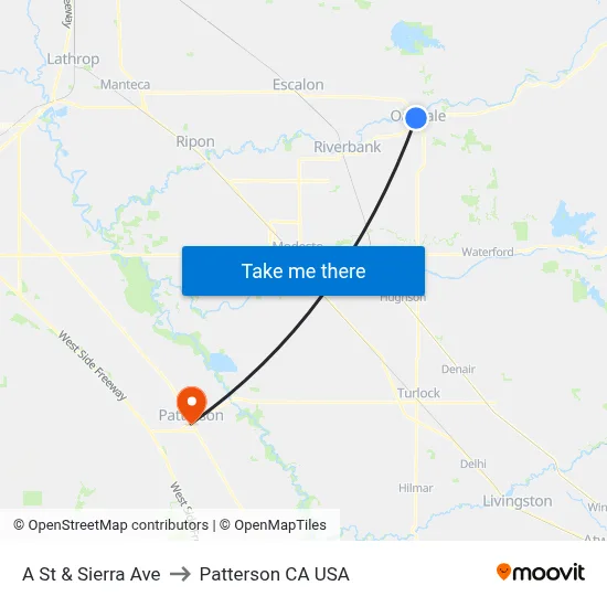 A St & Sierra Ave to Patterson CA USA map