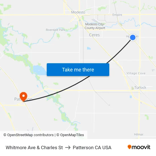 Whitmore Ave & Charles St to Patterson CA USA map