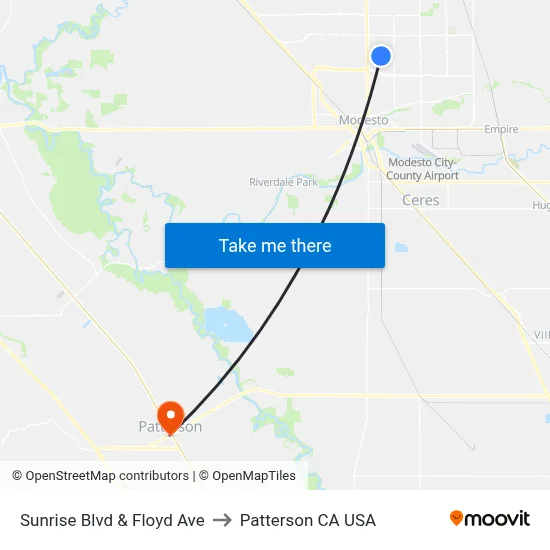 Sunrise Blvd & Floyd Ave to Patterson CA USA map