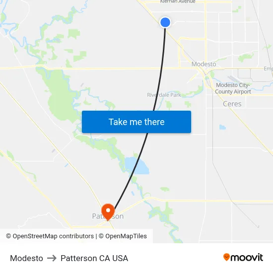 Modesto to Patterson CA USA map