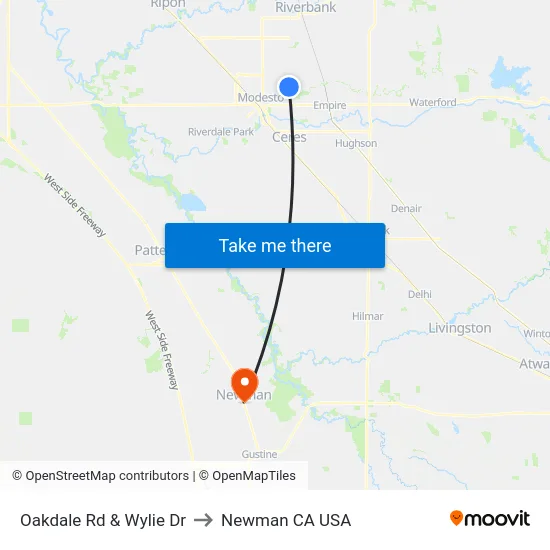 Oakdale Rd & Wylie Dr to Newman CA USA map