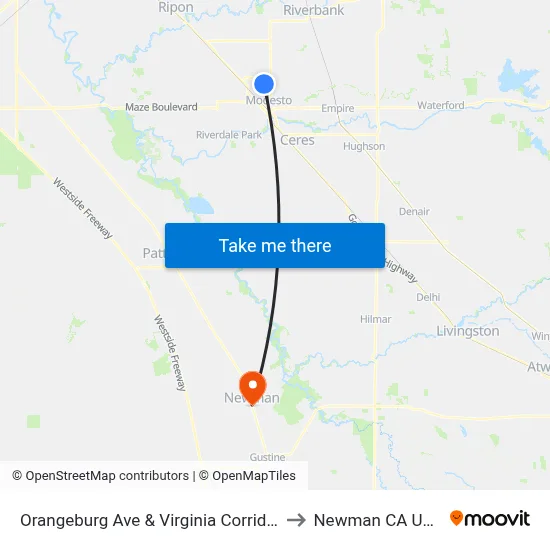 Orangeburg Ave & Virginia Corridor to Newman CA USA map