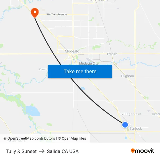 Tully & Sunset to Salida CA USA map