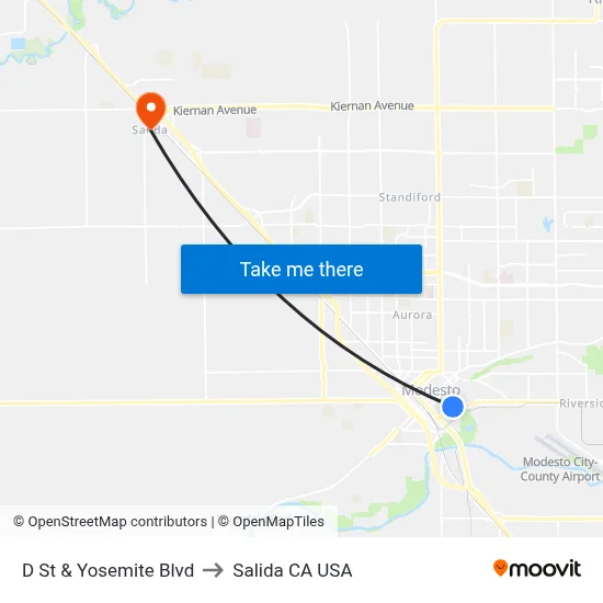 D St & Yosemite Blvd to Salida CA USA map