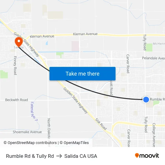 Rumble Rd & Tully Rd to Salida CA USA map
