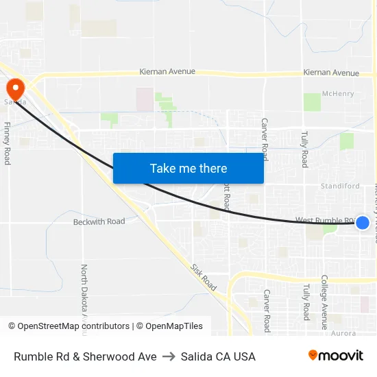 Rumble Rd & Sherwood Ave to Salida CA USA map