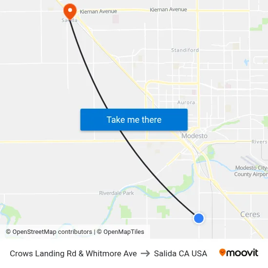 Crows Landing Rd & Whitmore Ave to Salida CA USA map