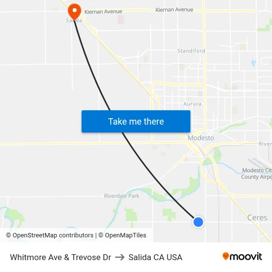 Whitmore Ave & Trevose Dr to Salida CA USA map