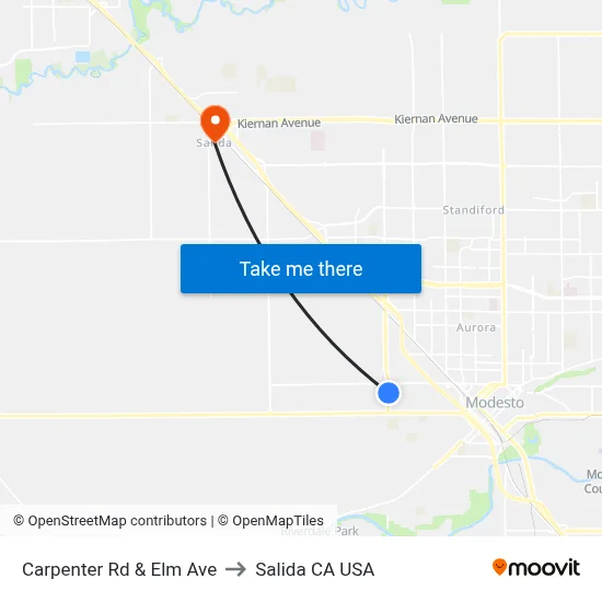 Carpenter Rd & Elm Ave to Salida CA USA map